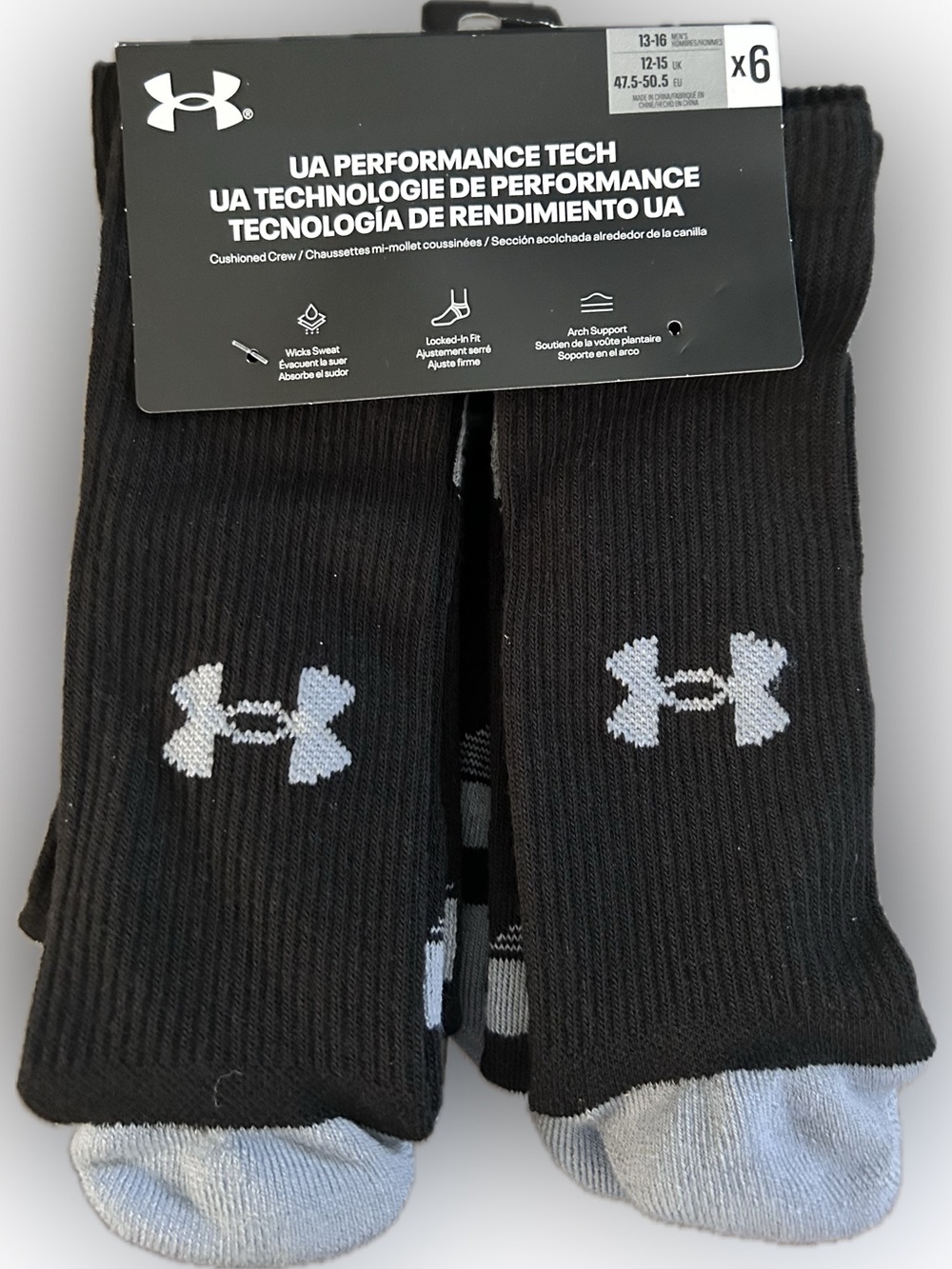 Under Armour Black Crew Athletic Socks with Gray Accents (6 Pack)